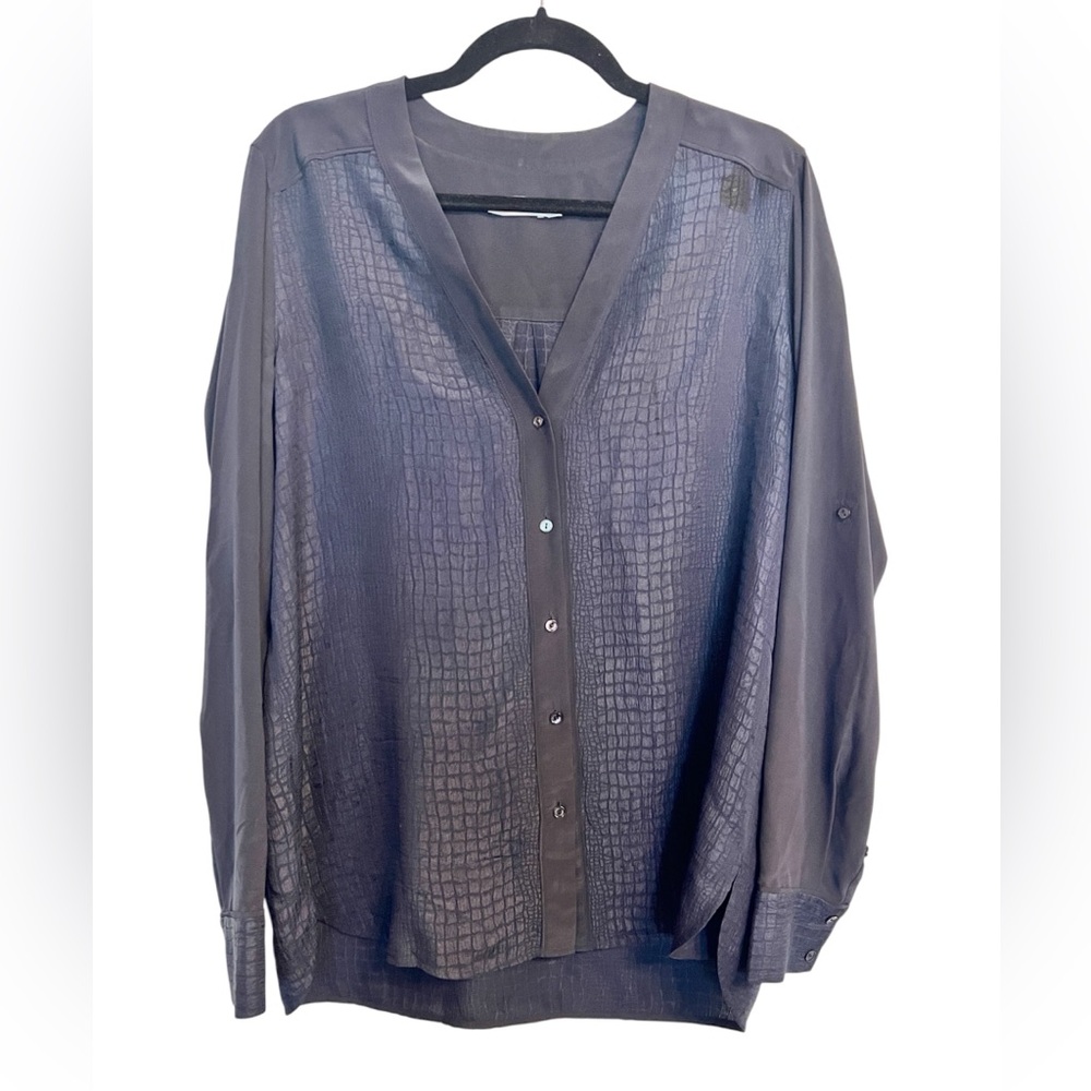 Vince 100% Silk Grey Crocodile Print Roll Tab Sleeve Blouse Large